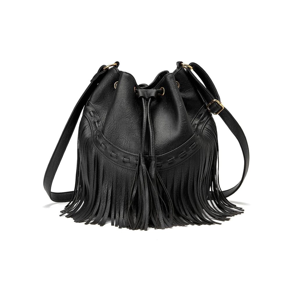 Leather Bucket Bags for Women Crossbody Fringe Purses with Drawstring Ladies
